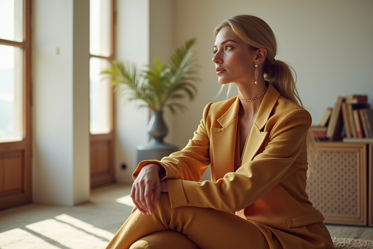 Icône de mode assise dans un intérieur lumineux et minimaliste