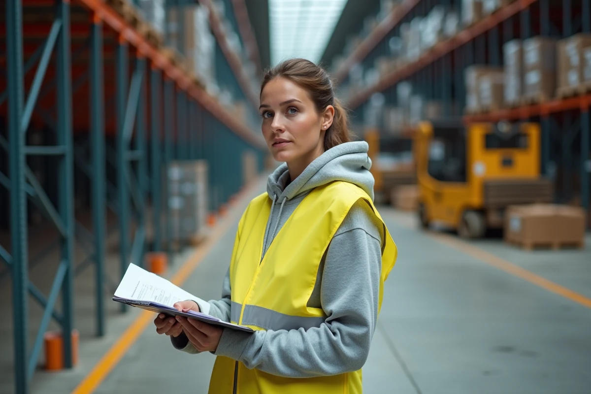 Intérimaire en entrepôt industriel avec planning de mai, illustrant l'impact des jours fériés sur le travail temporaire