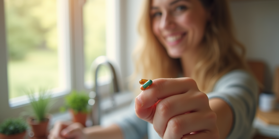 Jeune adulte souriant tenant une capsule B12 devant une fenêtre lumineuse