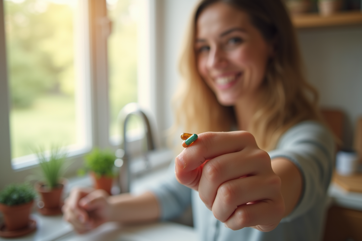 Jeune adulte souriant tenant une capsule B12 devant une fenêtre lumineuse