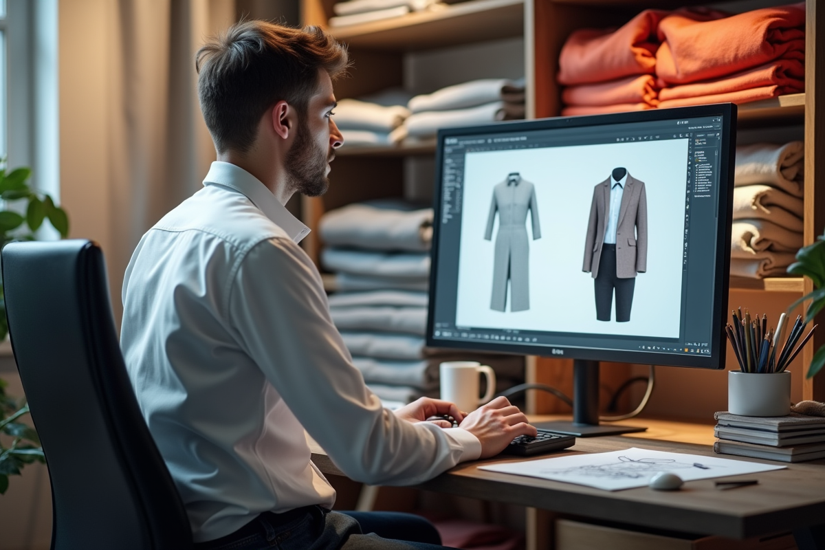 Jeune designer mode analysant des rendus 3D sur son ordinateur