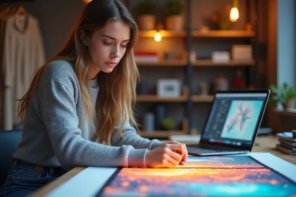 Jeune designer textile examinant un tissu interactif innovant