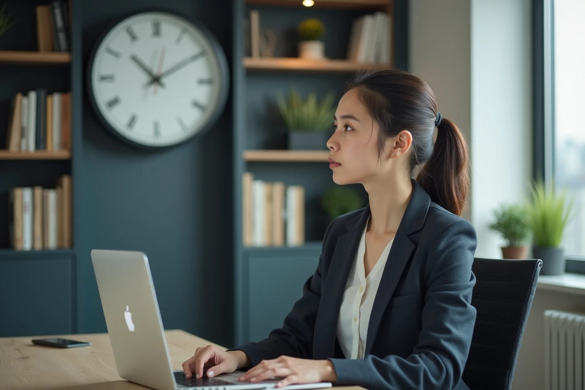 Jeune femme en costume regardant une horloge dans un bureau moderne