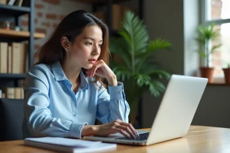 Jeune femme au bureau utilisant un ordinateur portable