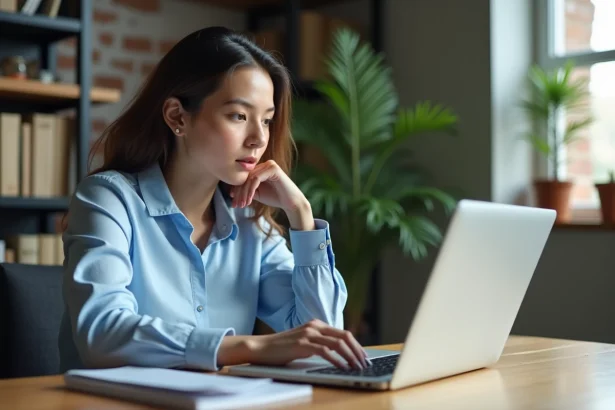 Jeune femme au bureau utilisant un ordinateur portable