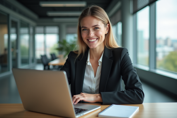 Jeune femme en tenue professionnelle souriante au bureau