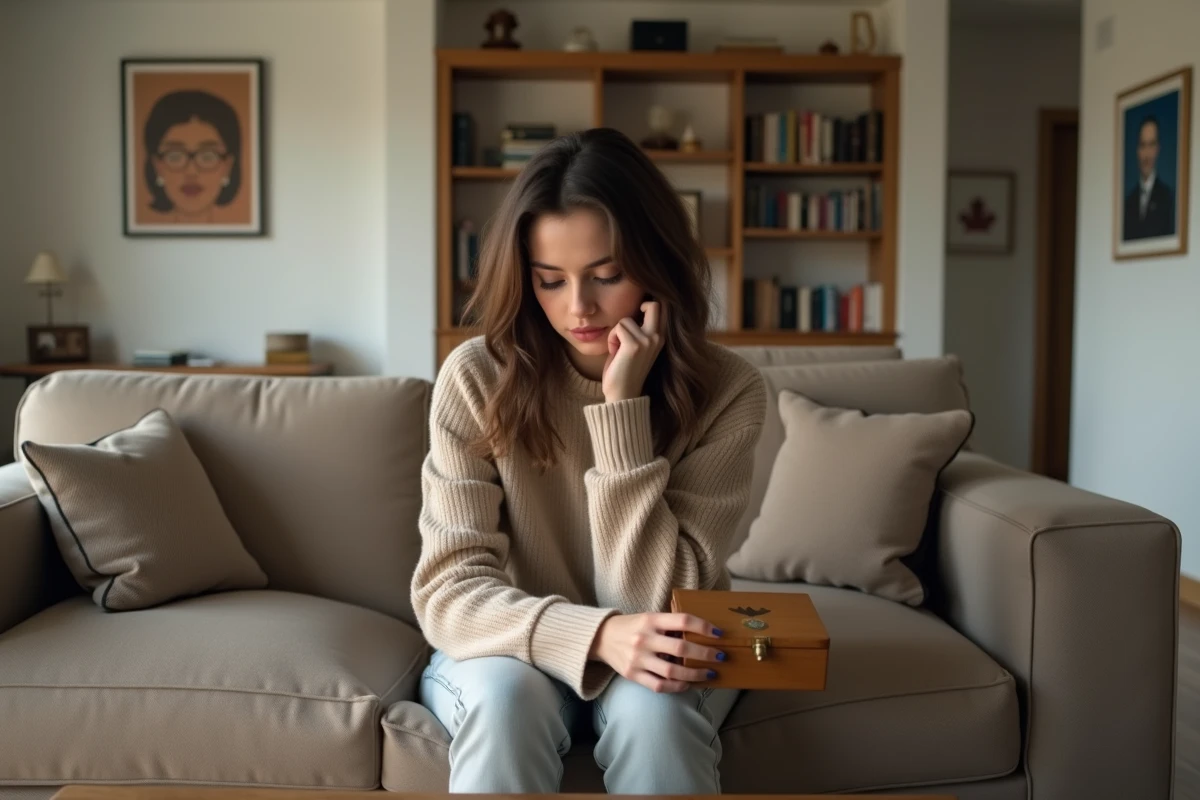 Jeune femme regardant un coffret de cigares à la maison