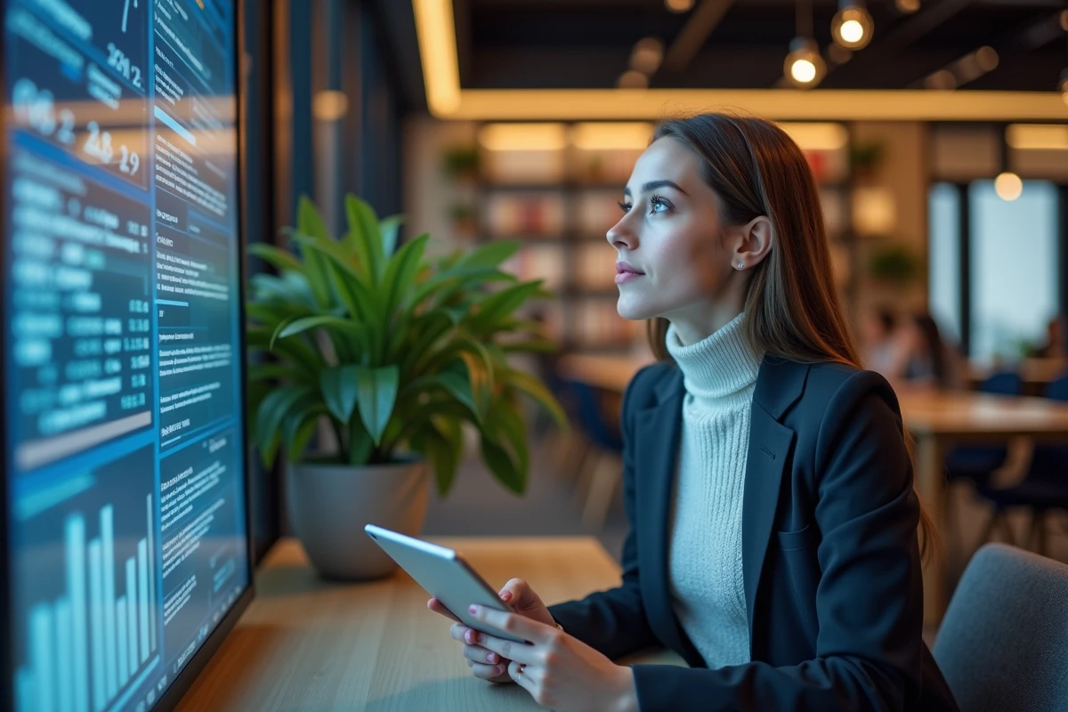 Jeune femme en coworking avec tablette et affichage