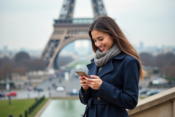 Jeune femme souriante devant la Tour Eiffel au printemps