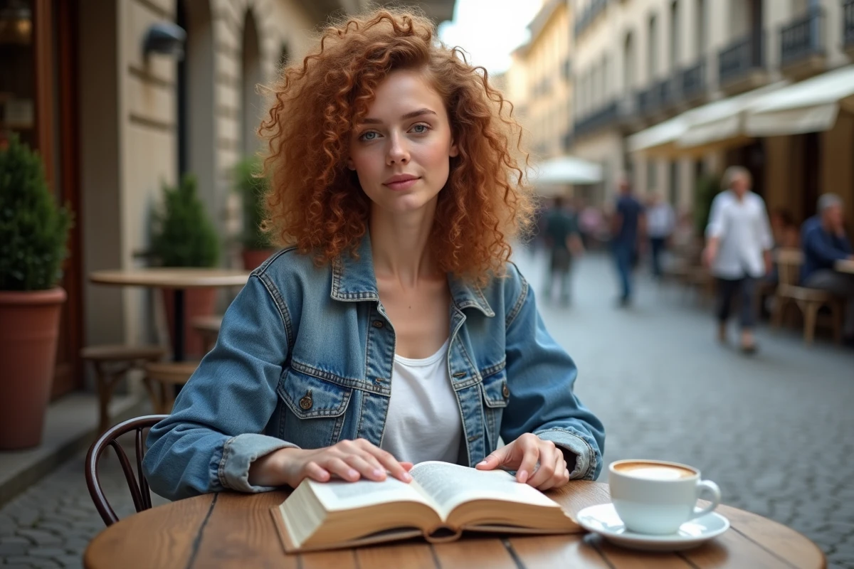 Jeune femme lisant un roman bestseller en terrasse de café avec un regard critique et attentif