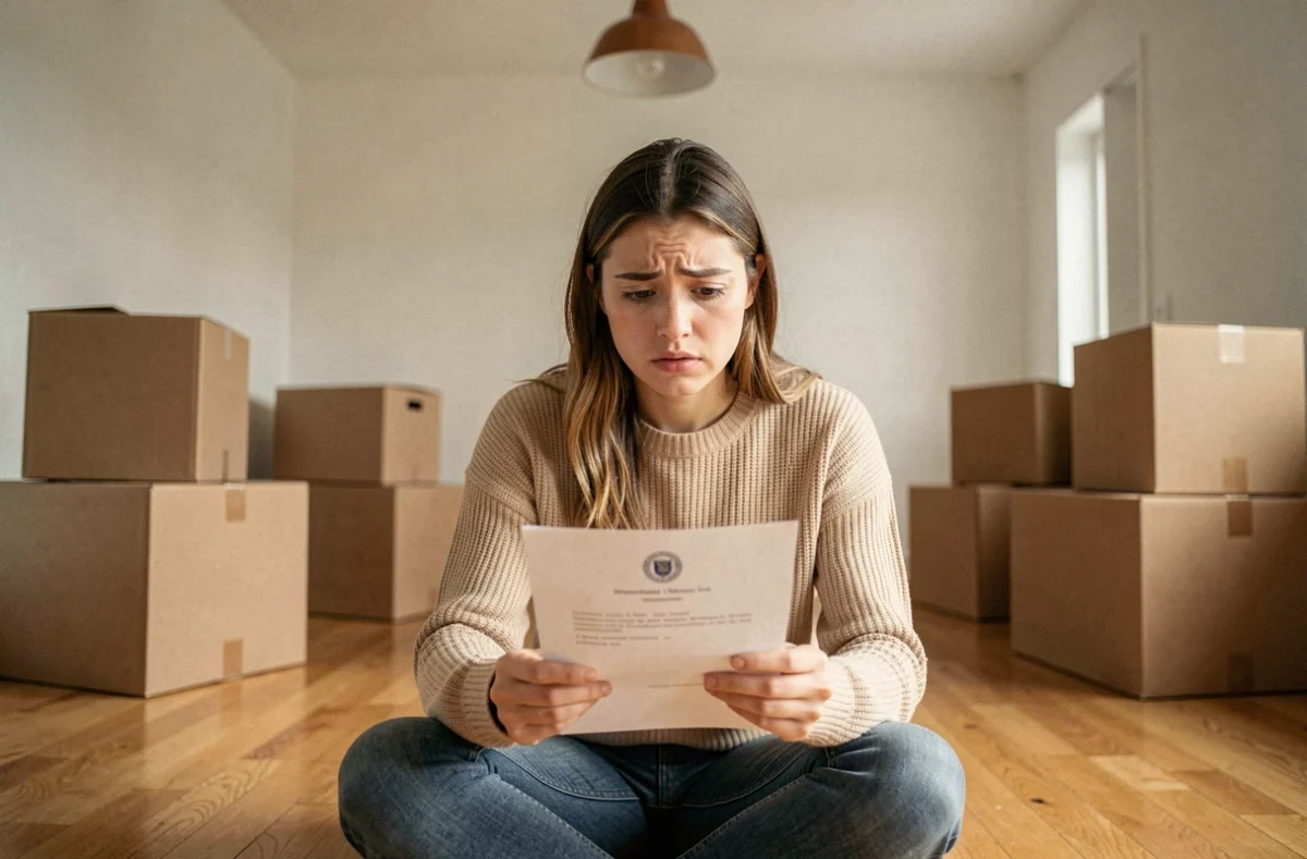 Jeune femme inquiète lisant une lettre officielle dans un appartement non assuré lors d'un déménagement