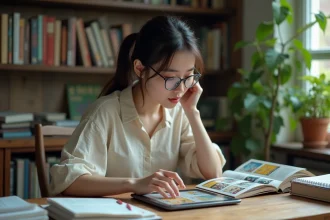 Jeune femme lisant manga sur tablette dans un bureau