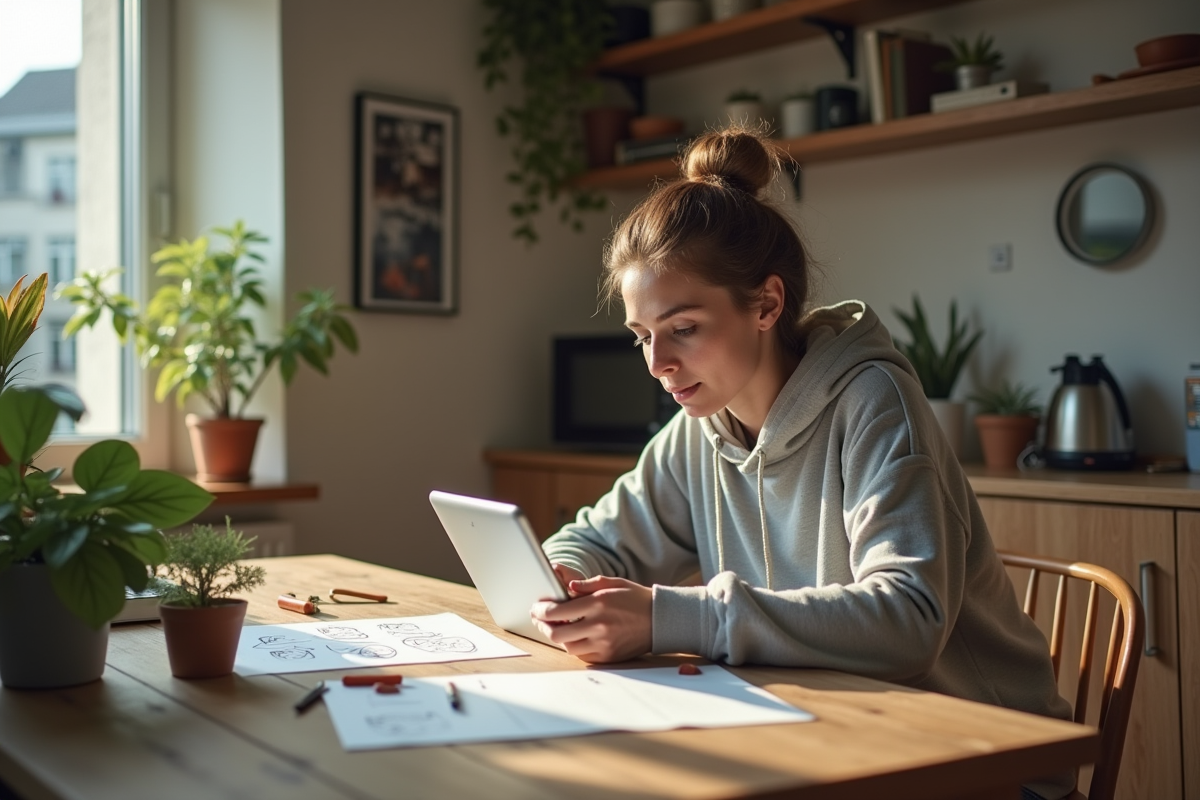Jeune femme utilisant une tablette dans une cuisine lumineuse