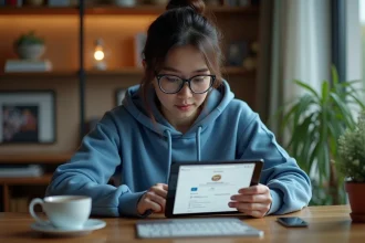 Jeune femme en hoodie regarde une tablette manga