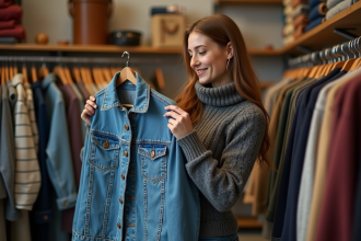 Jeune femme inspectant une veste en denim vintage dans une boutique