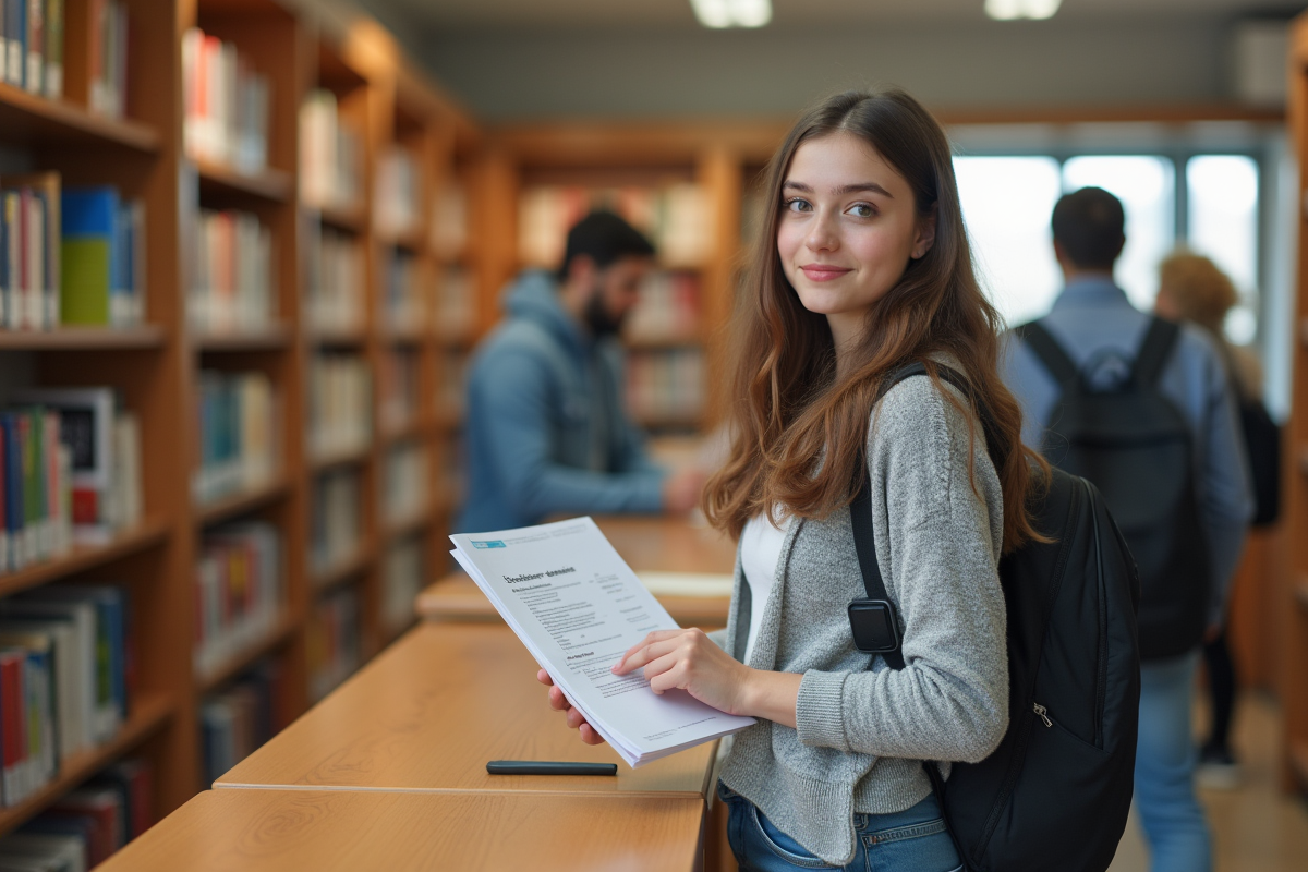 Jeune fille souriante tenant un formulaire de bourse à la bibliothèque