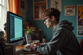 Jeune homme concentré devant un vieux bureau de gaming rétro