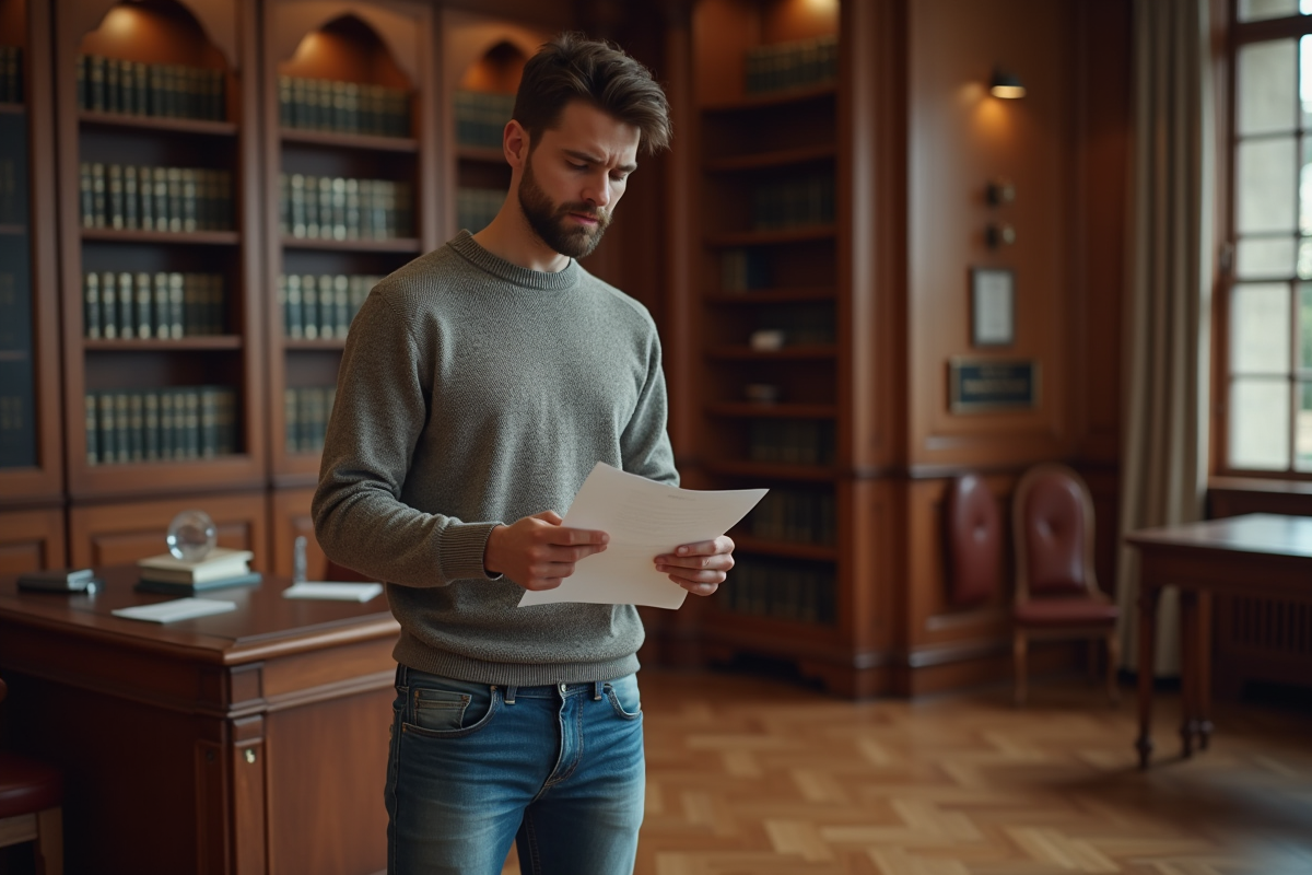 Jeune homme en attente dans un bureau notarial avec lettre