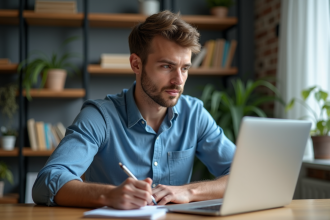 Jeune homme au bureau avec ordinateur portable et notes