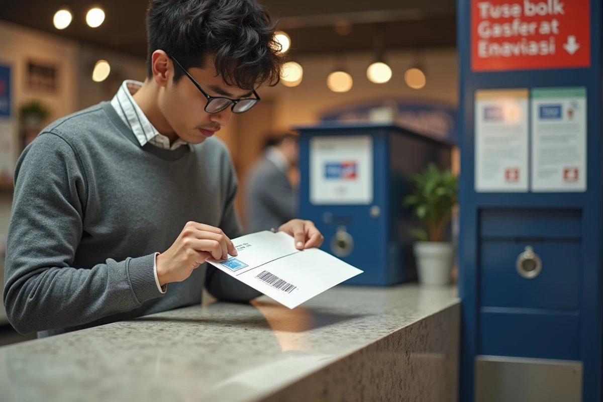Jeune homme vérifiant une enveloppe dans un bureau de poste