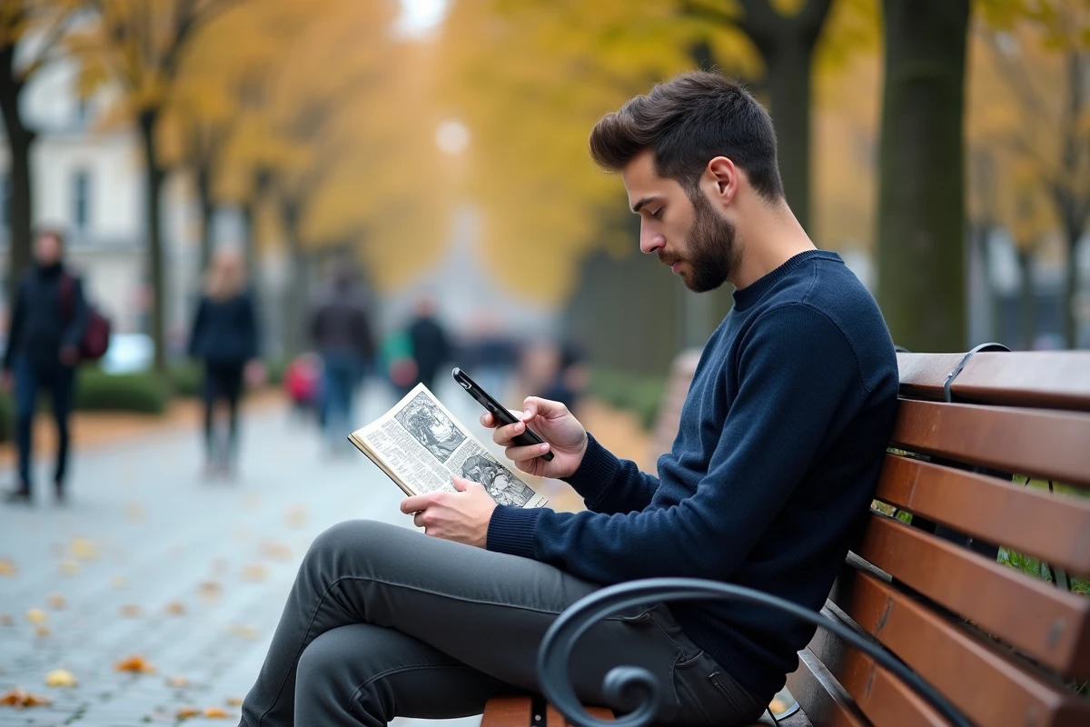 Jeune homme lisant manga sur smartphone dans un parc