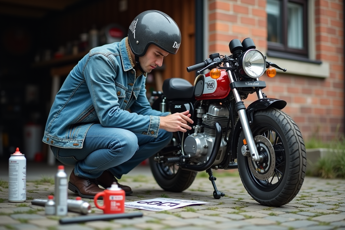 Jeune homme appliquant un decal sur une moto Dax 50cc
