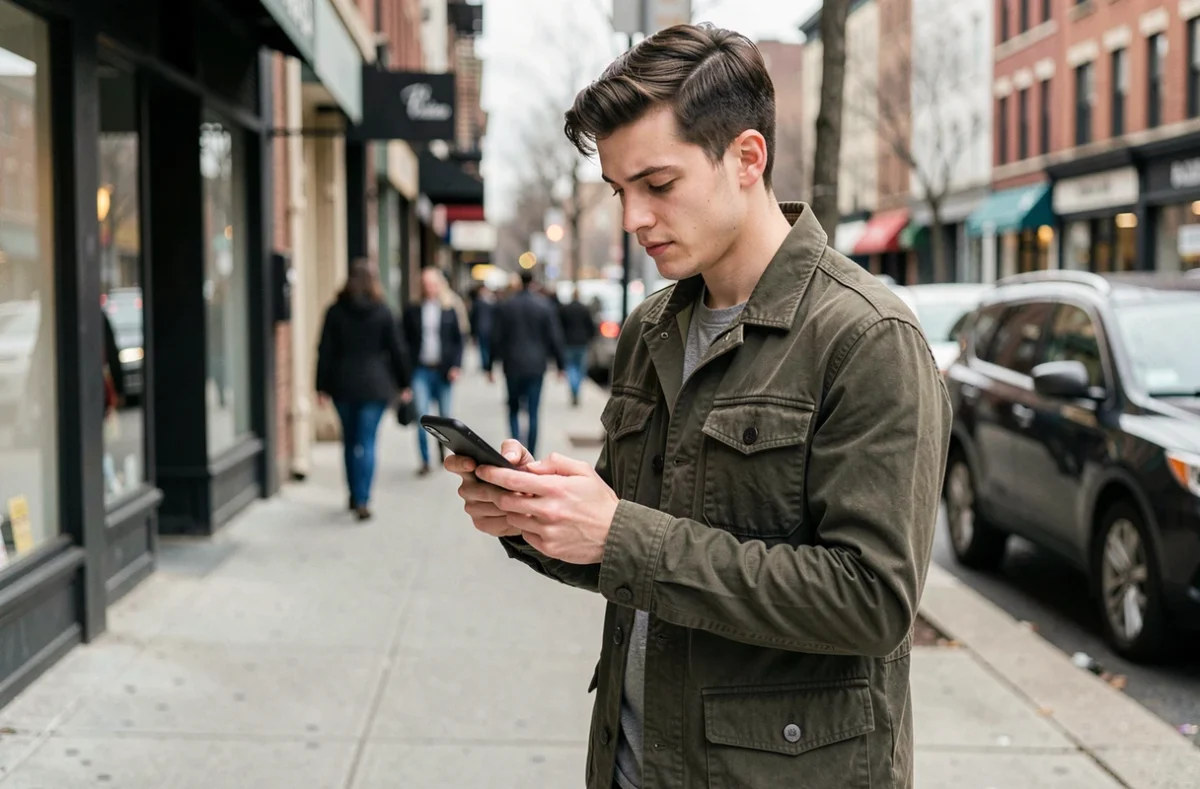 Jeune homme dans la rue effectuant une recherche inversée d'un numéro de téléphone inconnu
