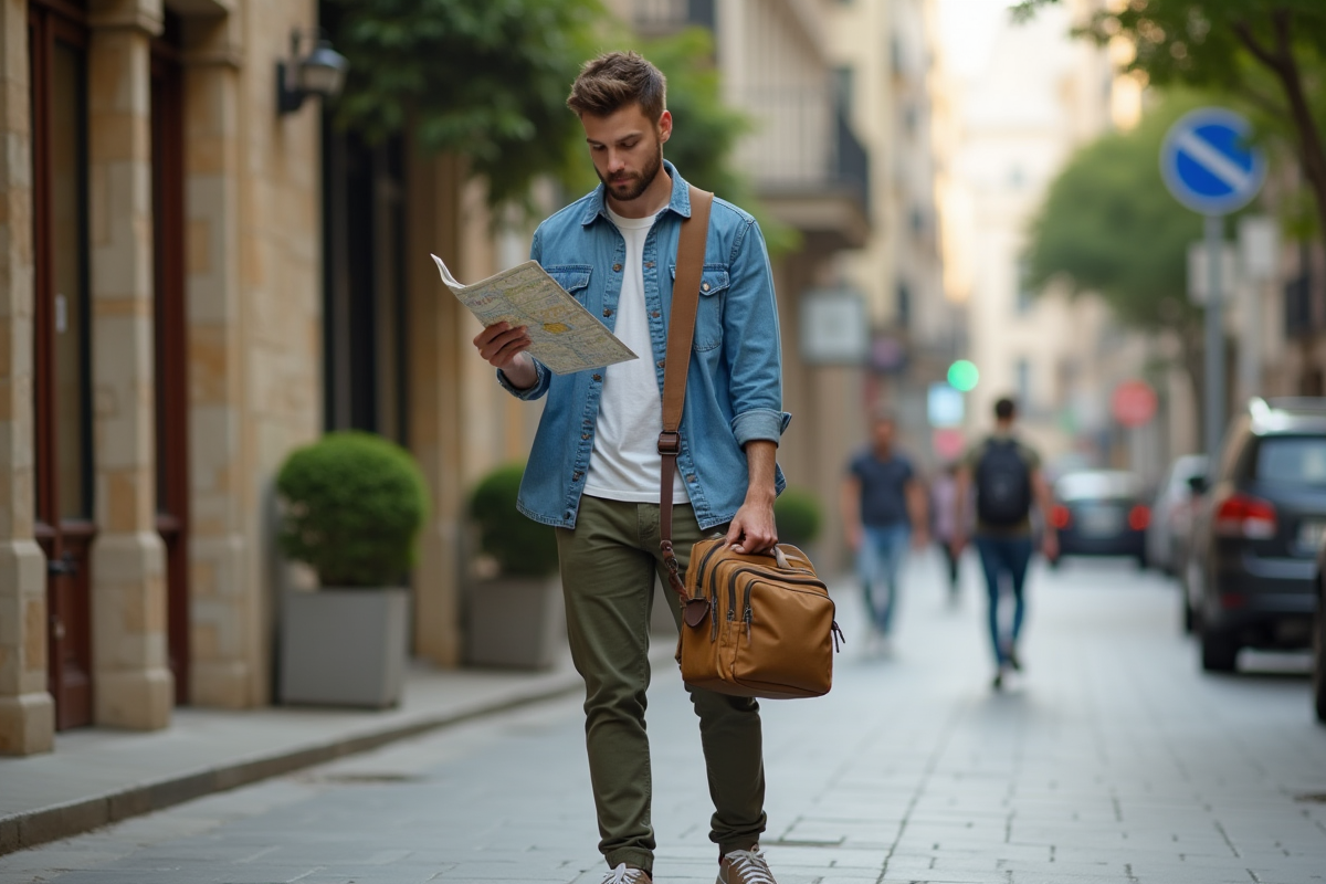 Jeune homme avec sac en toile vérifiant une carte en ville