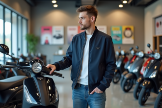 Jeune homme examine un scooter dans un showroom moderne