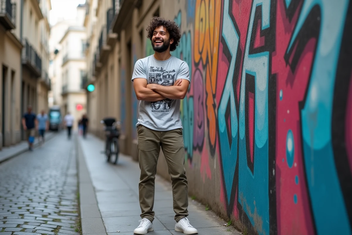 Jeune humoriste français souriant devant une fresque murale colorée dans une rue pavée de Paris, style portrait urbain éditorial
