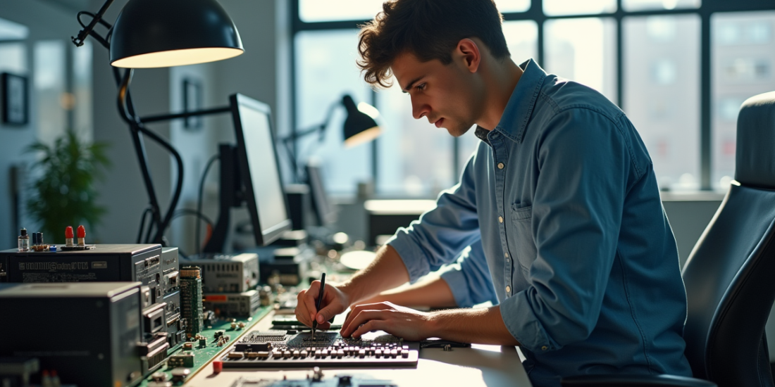 Jeune professionnel dans un laboratoire électronique moderne analysant des circuits