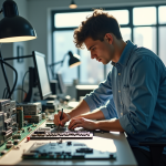 Jeune professionnel dans un laboratoire électronique moderne analysant des circuits