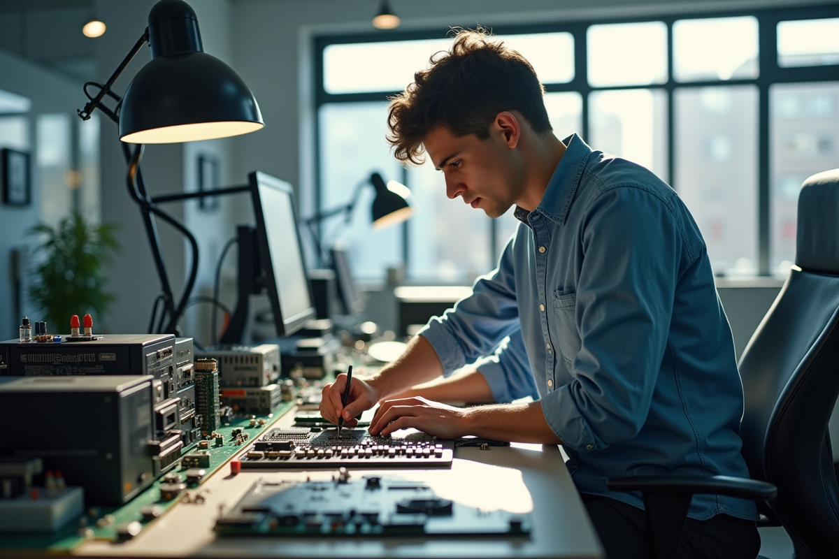 Jeune professionnel dans un laboratoire électronique moderne analysant des circuits