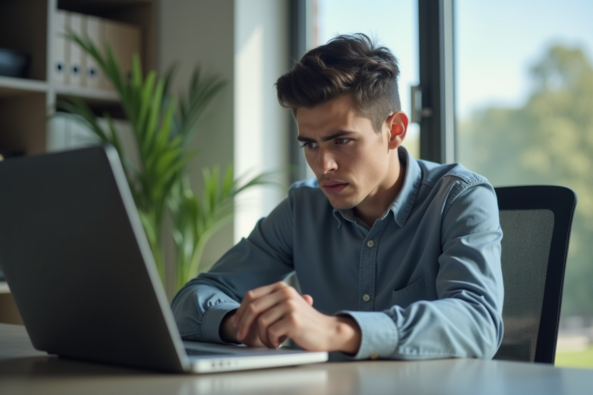 Jeune professionnel regardant un écran d'ordinateur avec erreur