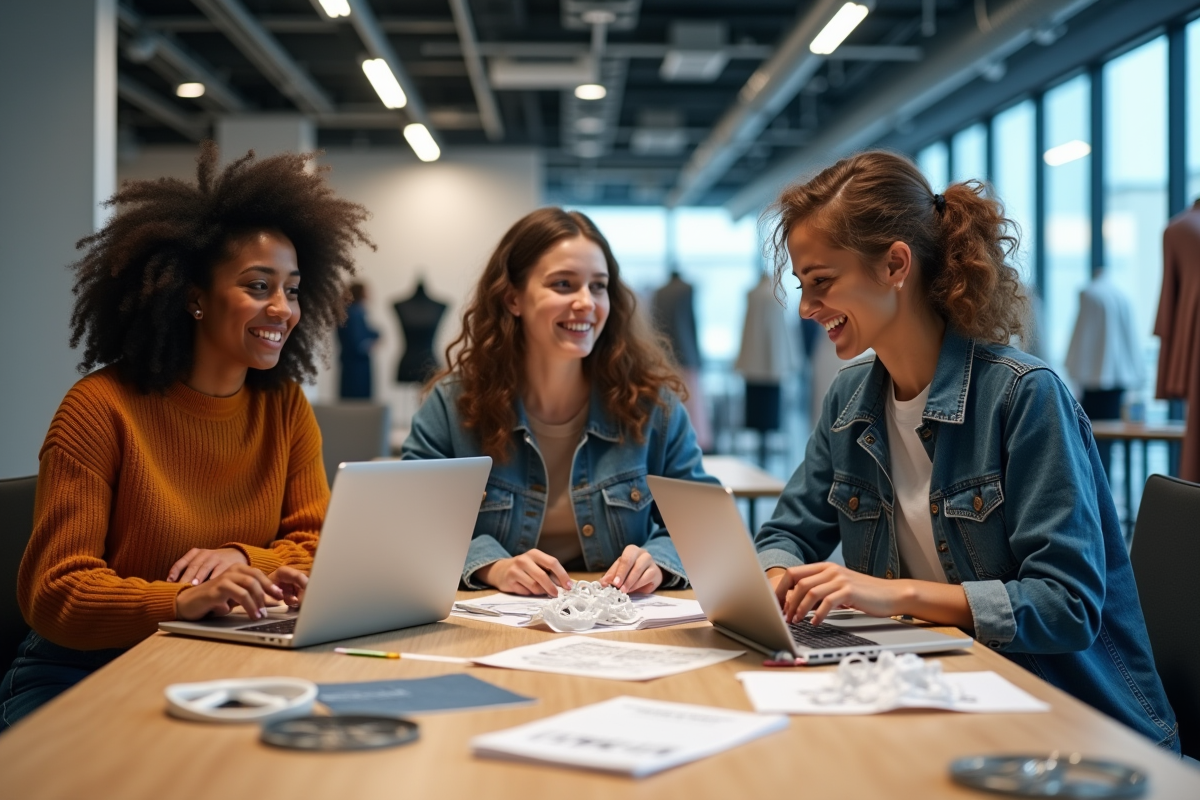 Étudiants en mode collaborant autour d une table dans un laboratoire créatif