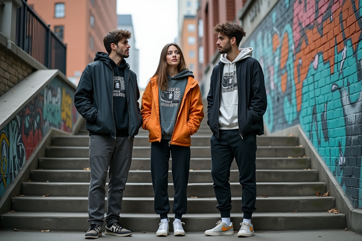 Trois jeunes adultes en streetwear dans un décor urbain