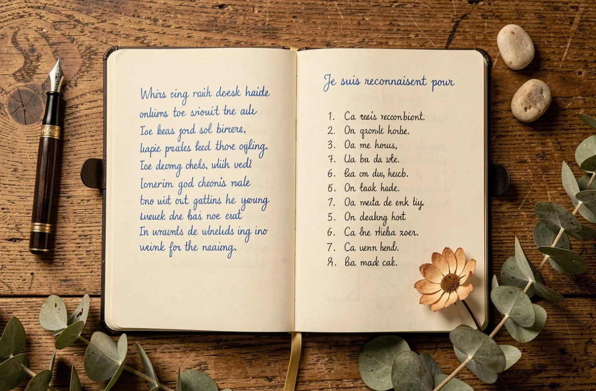 Vue de dessus d'un journal de gratitude ouvert avec des citations manuscrites, une plume vintage et des éléments naturels sur une table en chêne rustique