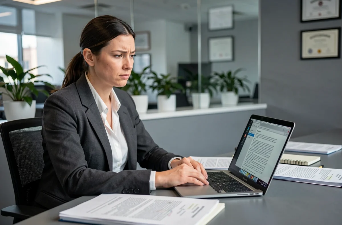 Juriste analysant des textes légaux complexes dans un bureau de cabinet d'avocats moderne
