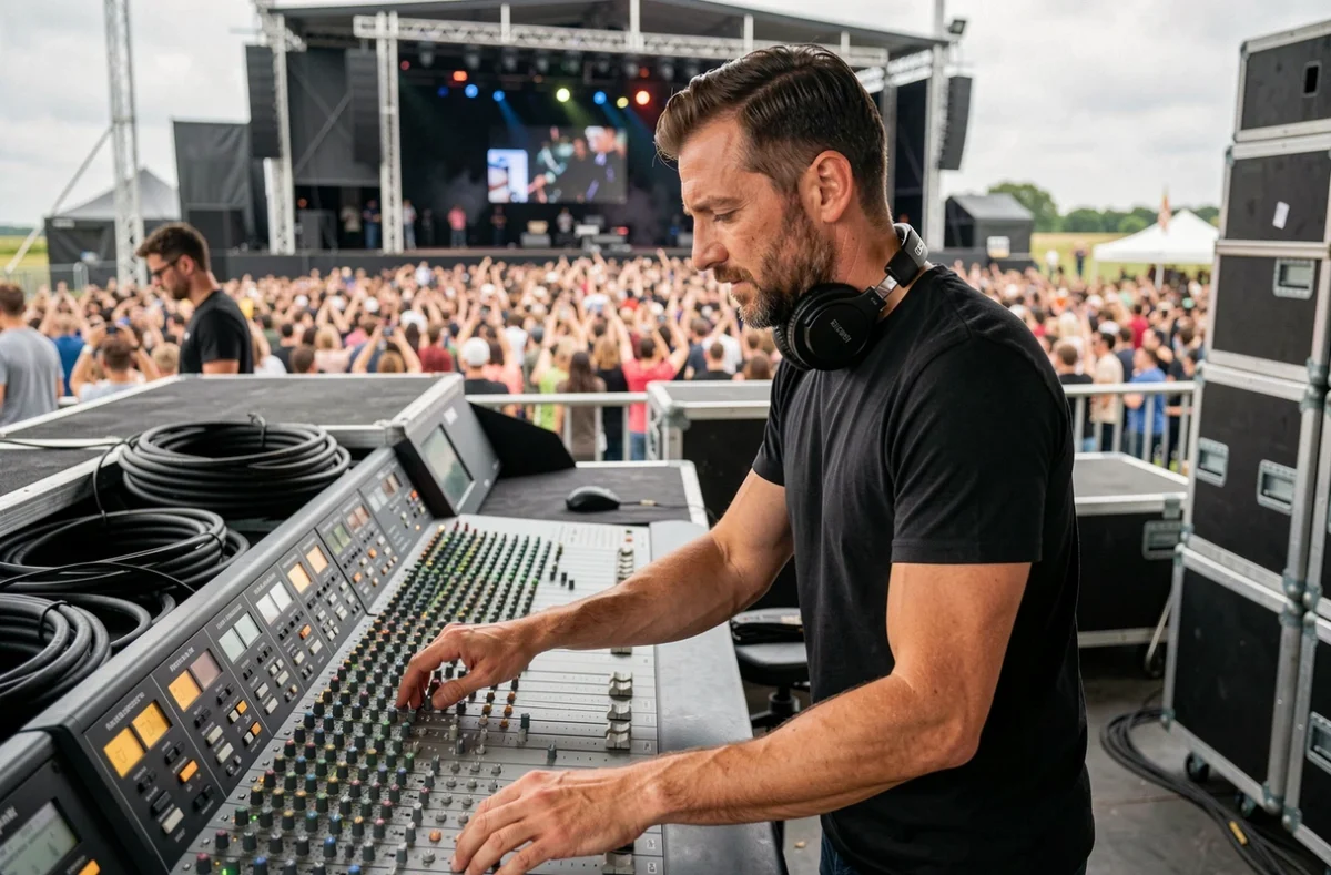 Ingénieur du son de La Boîte à Musique réglant une console de mixage lors d'un événement en plein air en Bretagne
