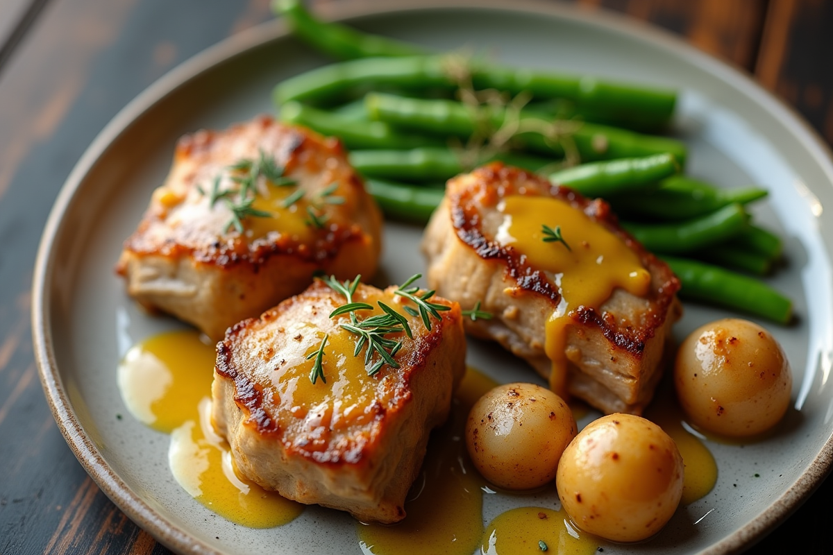 Assiette de lapin sauce moutarde avec pommes de terre et haricots verts