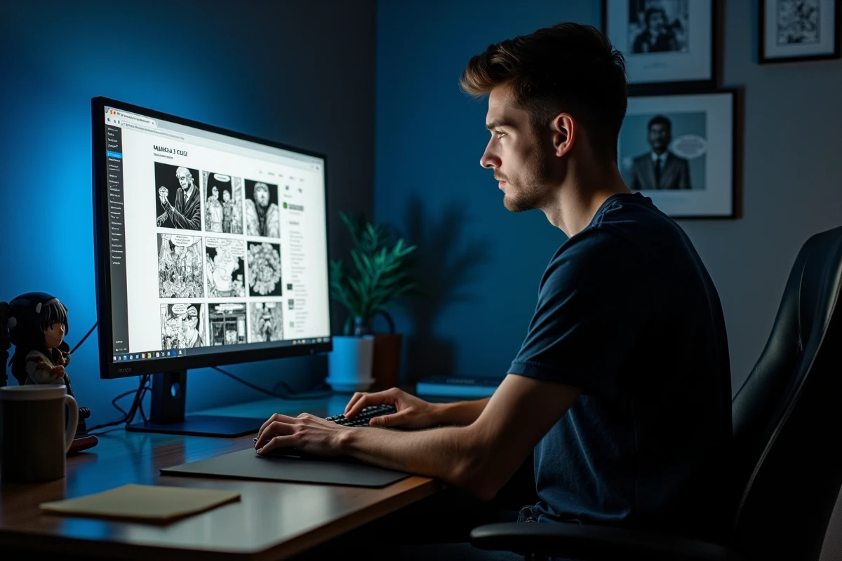 Homme lisant des scans manga en noir et blanc sur un grand écran d'ordinateur dans un bureau à domicile