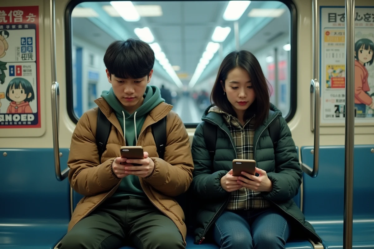 Deux jeunes adultes lisant des scans manga sur smartphone dans le métro lors de leur trajet quotidien
