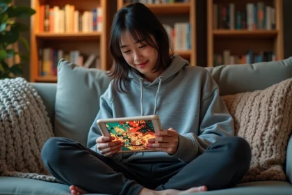 Jeune femme lisant des scans manga sur une tablette dans un salon cosy entouré de volumes manga