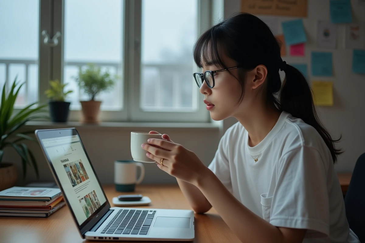 Jeune femme lisant des scans de manga One Piece sur un ordinateur portable dans un bureau à domicile organisé