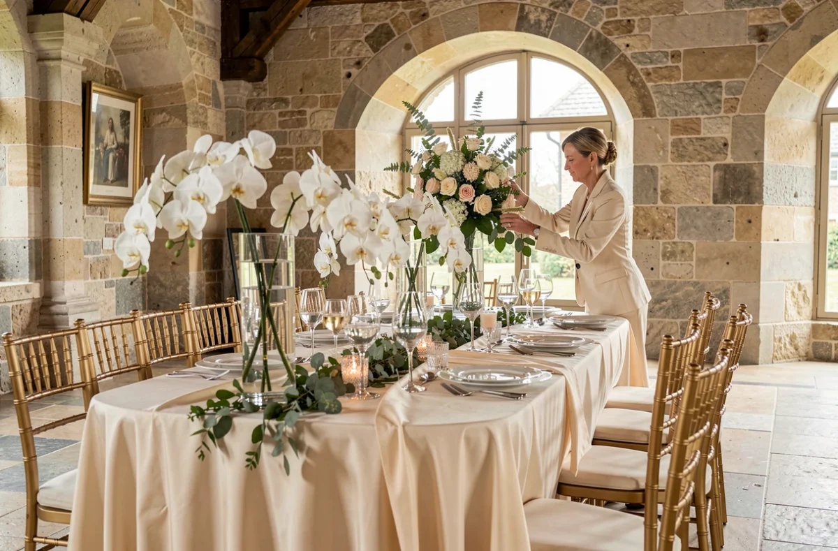 Table de mariage haut de gamme dressée dans un château breton par l'agence Lemon and Grace, avec orchidées et chaises dorées
