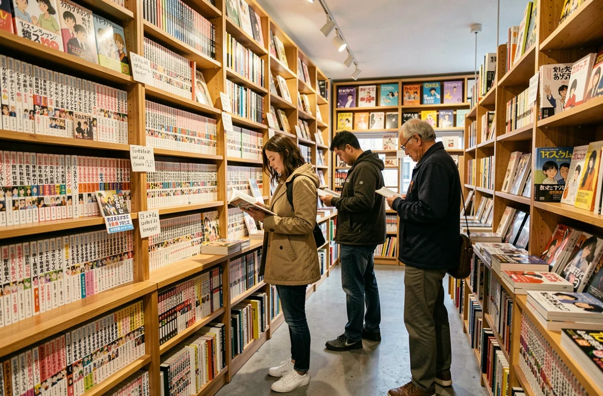 Librairie spécialisée manga à Paris avec des clients adultes explorant des collections allant de Tezuka aux webtoons modernes