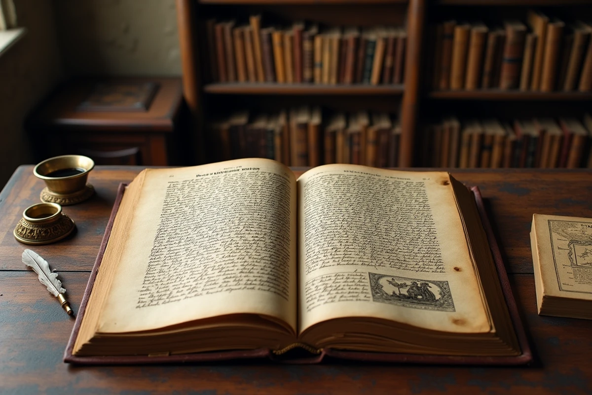 Livre ancien ouvert sur un bureau en chêne avec des pages manuscrites en français du XVIIe siècle et une illustration de carrosse, évoquant le conte original de Cendrillon par Charles Perrault