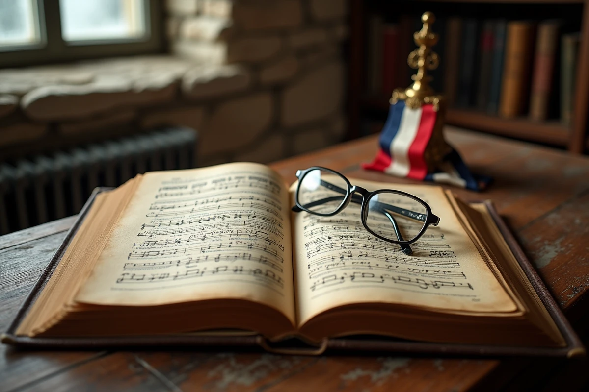 Ancien livret de chants militaires français ouvert sur une partition manuscrite avec insigne de l'armée