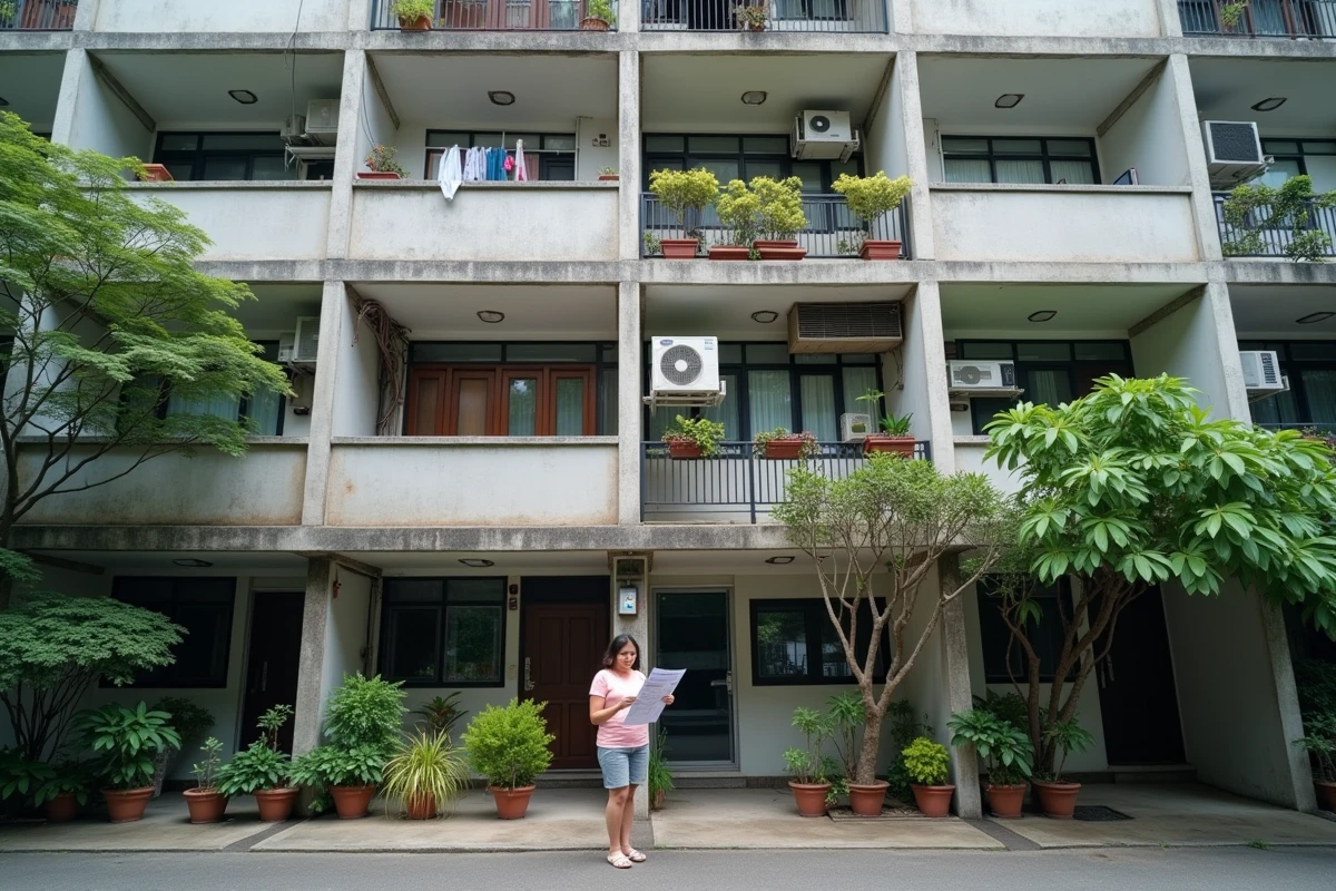 Femme consultant une annonce de location devant un immeuble résidentiel typique de Bangkok