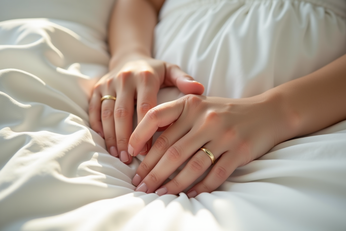 Mains entrelacees avec bagues sur draps en coton blanc